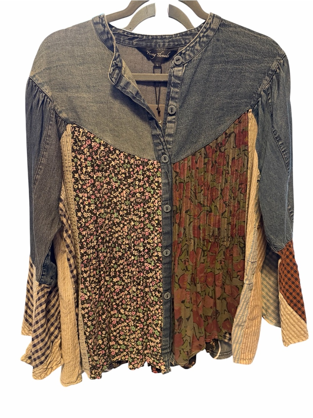Young Threads Vintage-Inspired Patchwork Denim Button-Front Women’s Top - Blue - Picture 1 of 2